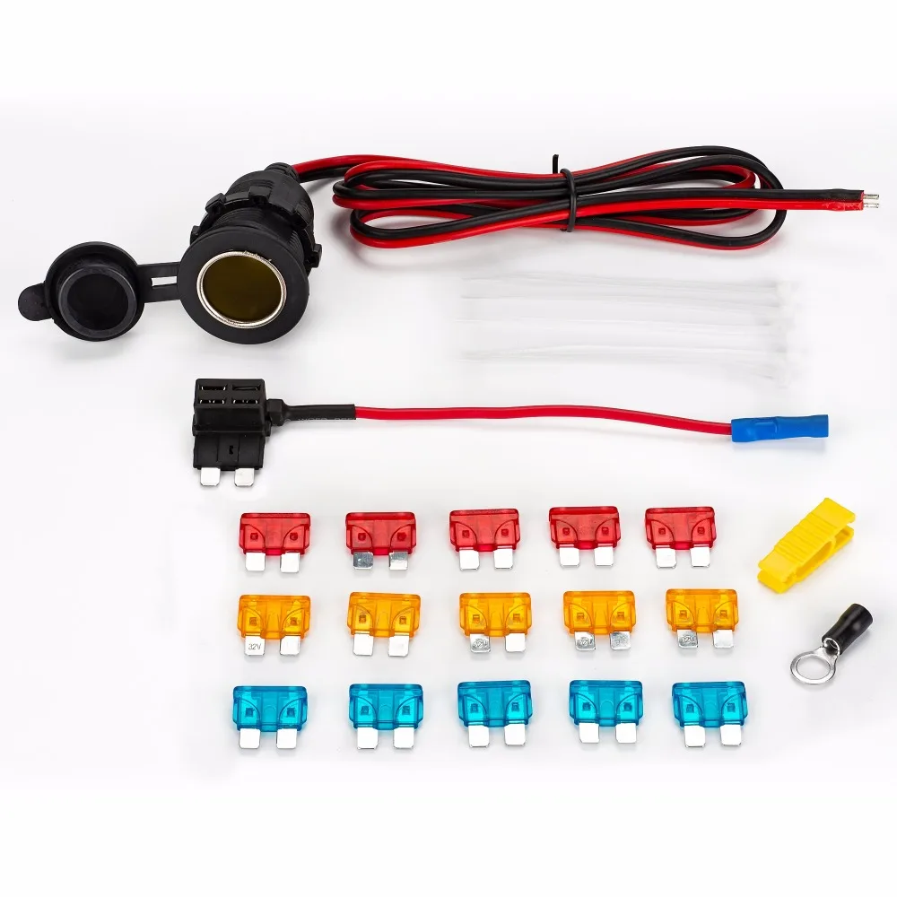 Universal DC12v waterproof car Cigarette Lighter Socket Extension cord& fuse tap& 5A/10A/15A fuse & Cable tie full kit  M/S/MINI