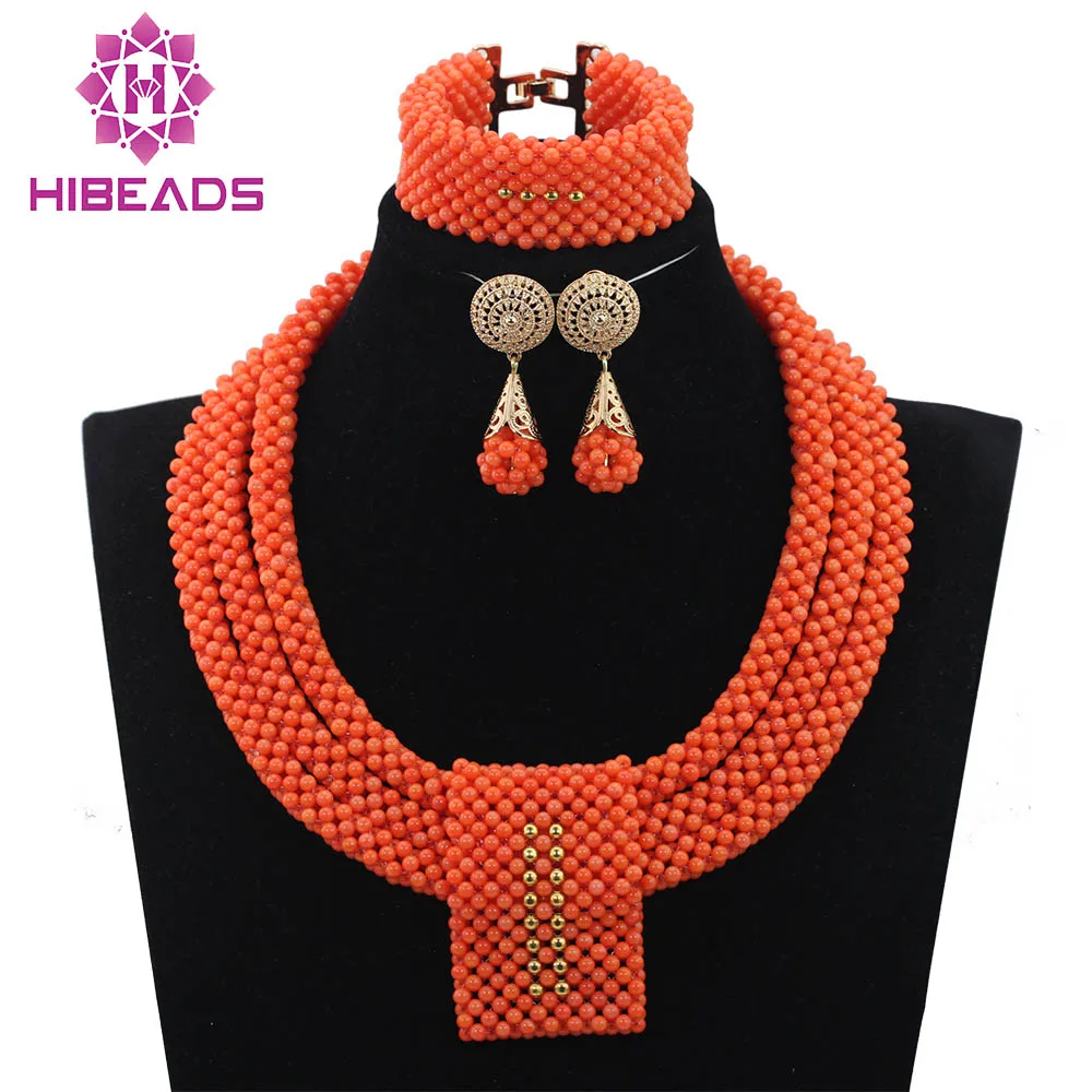 

Coral Necklace Earrings Bracelet Set for Brides Fabulous Wedding African Coral Bib Statement Jewelry Set Women Costume ABH177