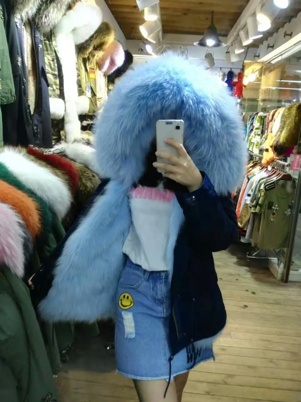 Hot Sale Nice Blue Fox Fur Lining Short Parka Winter Big Fur Collar Trim Overcoat For Women&Men Thick Warm Jacket