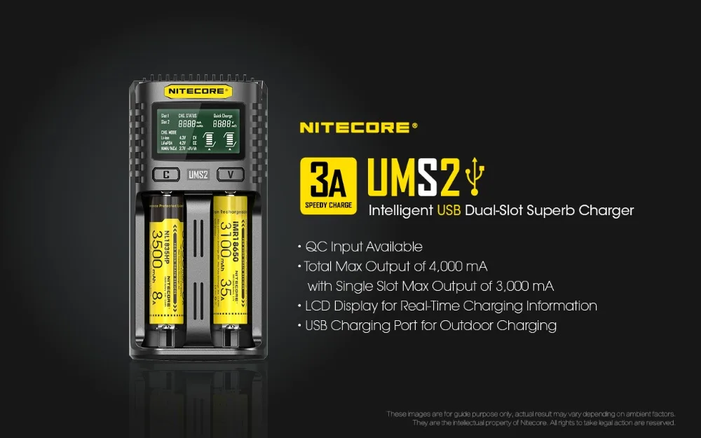 NITECORE UMS2 C4 VC4 LCD Smart Battery Charger for Li-ion/IMR/INR/ICR/LiFePO4 18650 14500 26650 AA 3.7 1.2V 1.5V Batteries D4