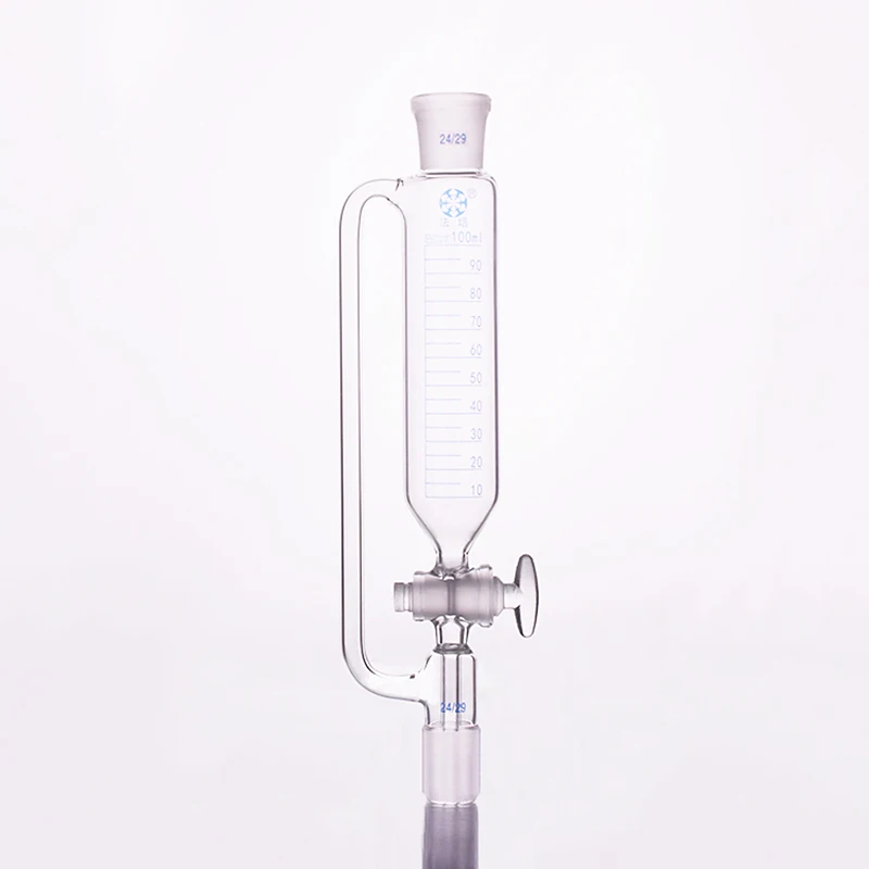 Separatory funnel constant pressure cylindrical shape,standard ground mouth.Capacity 100ml,Joint 24/29+24/29,Glass switch valve