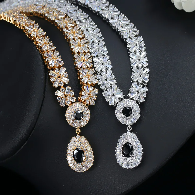 CWWZircons White Gold Color Luxury Bridal CZ Crystal Necklace and Earring Set Big Wedding Jewelry Sets For Brides T103