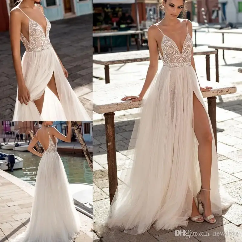 

Beach Wedding Dresses Sexy Side Split Spaghetti Illusion Boho A-Line Wedding Dresses Pearls Backless Bohemian Bridal Gowns