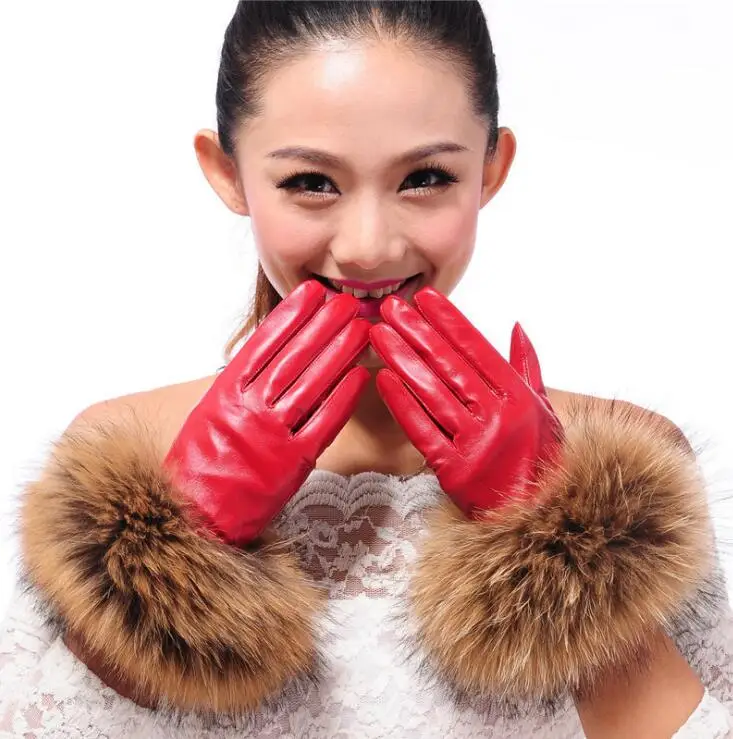 Women's autumn and winter thicken fleece lining glove lady's natural sheepskin leather glove raccoon fur driving glove R307