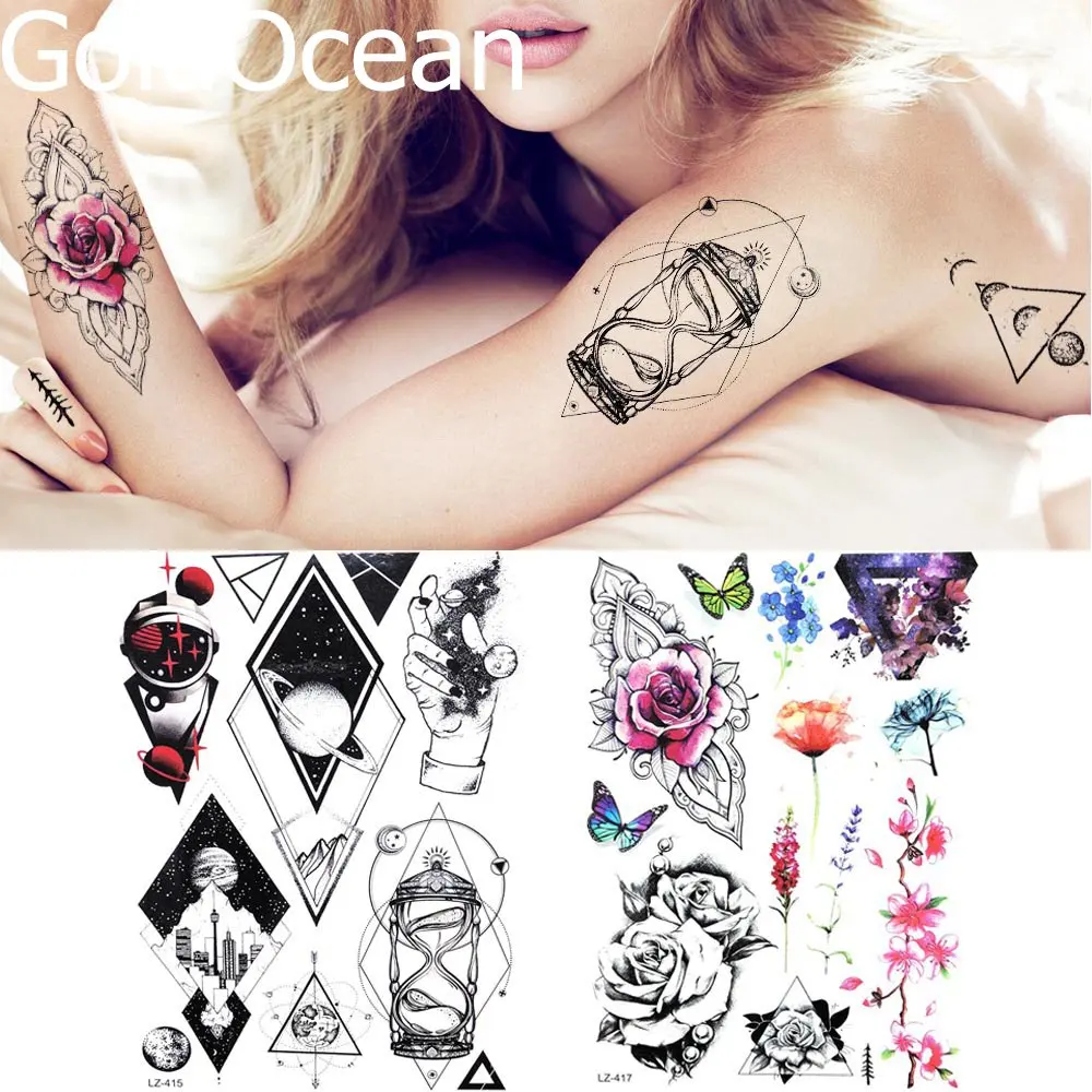 50PCS Wholesale Waterproof Temporary Tattoo For Men Women 3D Flower Geometric Tatoo Body Arm Art Fake Rose Tattoo Sticker Makeup