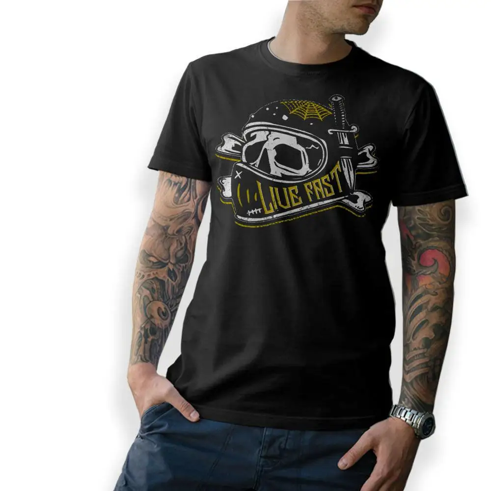 

Biker T-Shirt Live Fast Oldschool Skull Motorrad Motorcycles Mc Cafe Racer 2019 New Brand Sales Cotton Short Sleeve T Shirts