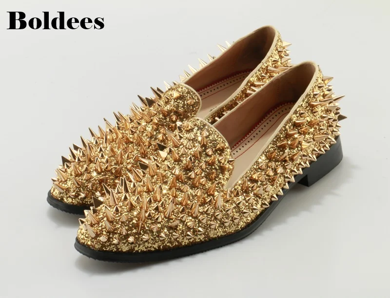 Luxury Gold Spiked Men Loafers Shoes Super Stars Bling Sequins Banque Wedding Shoes Slip On Rivets Men Shoes Moccasins