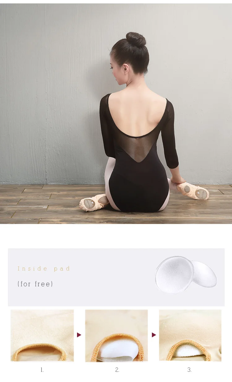 Ballett-Trikots für Damen, Erwachsene, mit Mesh-Einsätzen, 3/4-Ärmel, Tanz-Bodysuit, schwarze Gymnastik-Trikots, Baumwoll-Spandex-Ballett-Bodysuits – Detail 4
