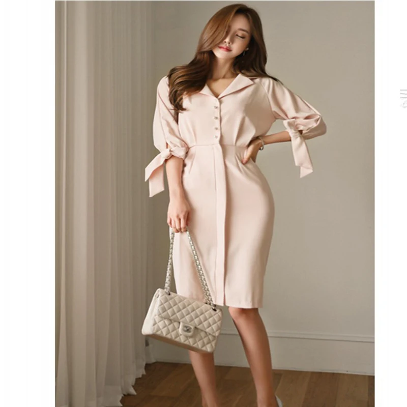 

Ladies New Fashion Elegant Dress Women fifth sleeve suit slim waist noble placketing one-piece Dress