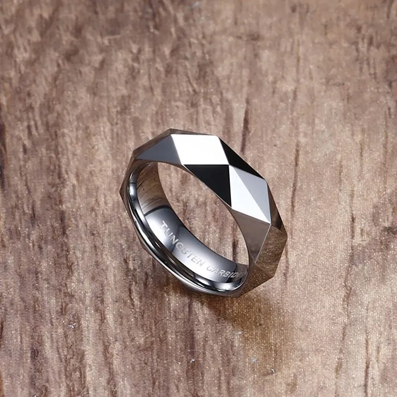 Tungsten Carbide Silver Color Multi-Faceted Prism Rhombus Cut Spinner 6mm Wedding Ring for Men