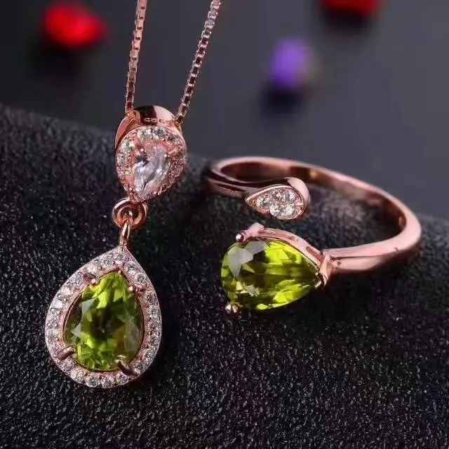 

LANZYO 925 sterling silver Peridot Jewelry Sets Fine Jewelry Ring Necklace Pendant Women Bridal 45cm Box Chain tz060802agg