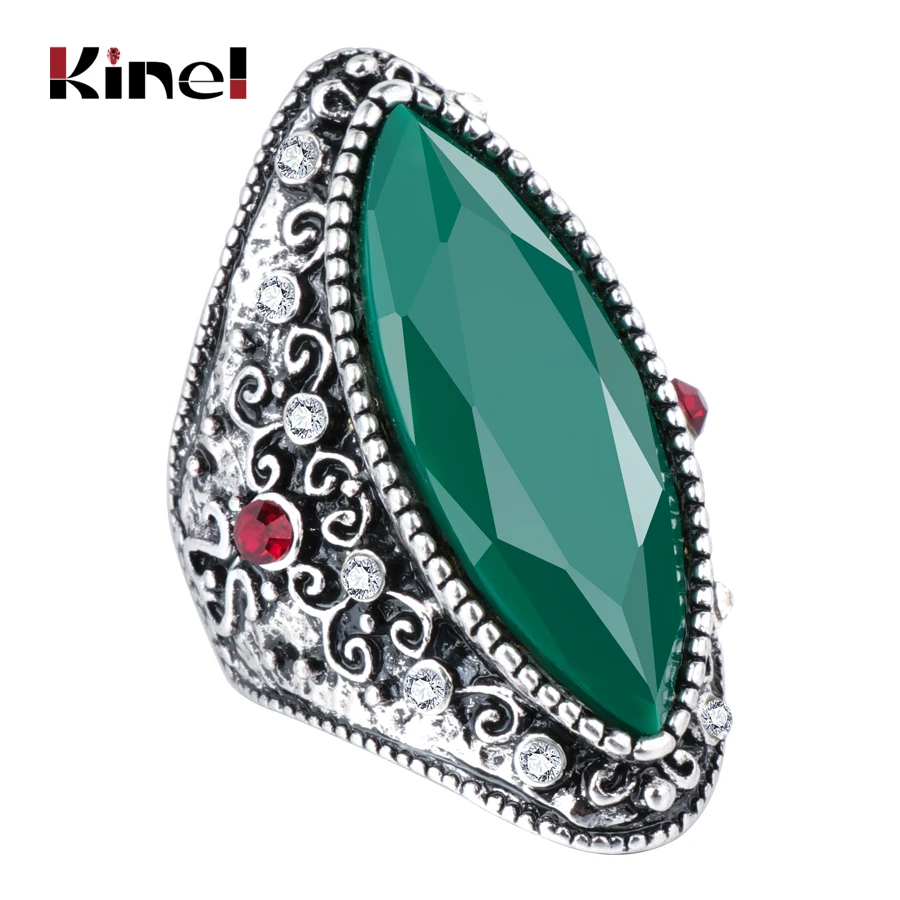 Kinel 2019 New Geometric Green Stone Rings For Women With White Rhinestones Vintage Jewelry Silver Color Antique Ring