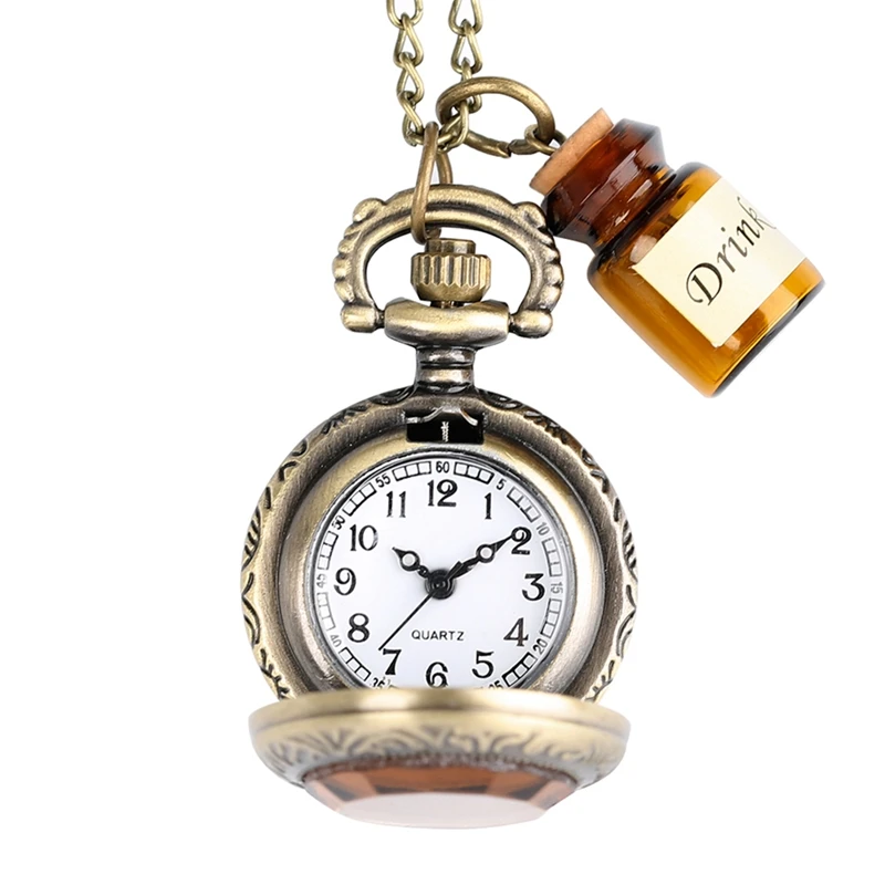 Small Pocket Watch Women Clock Drink Me Necklace Pendant with Bottle Birthday Gifts for Women Girl Watches Drop Shipping