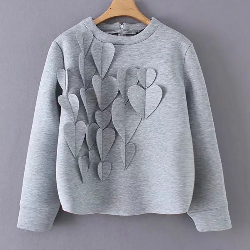 

2018 Autumn Winter Women Cotton Gray Sweatshirts Female Heart Deisgn Fashion Pullover Jacket Womens Long Sleeve Tops Clothes