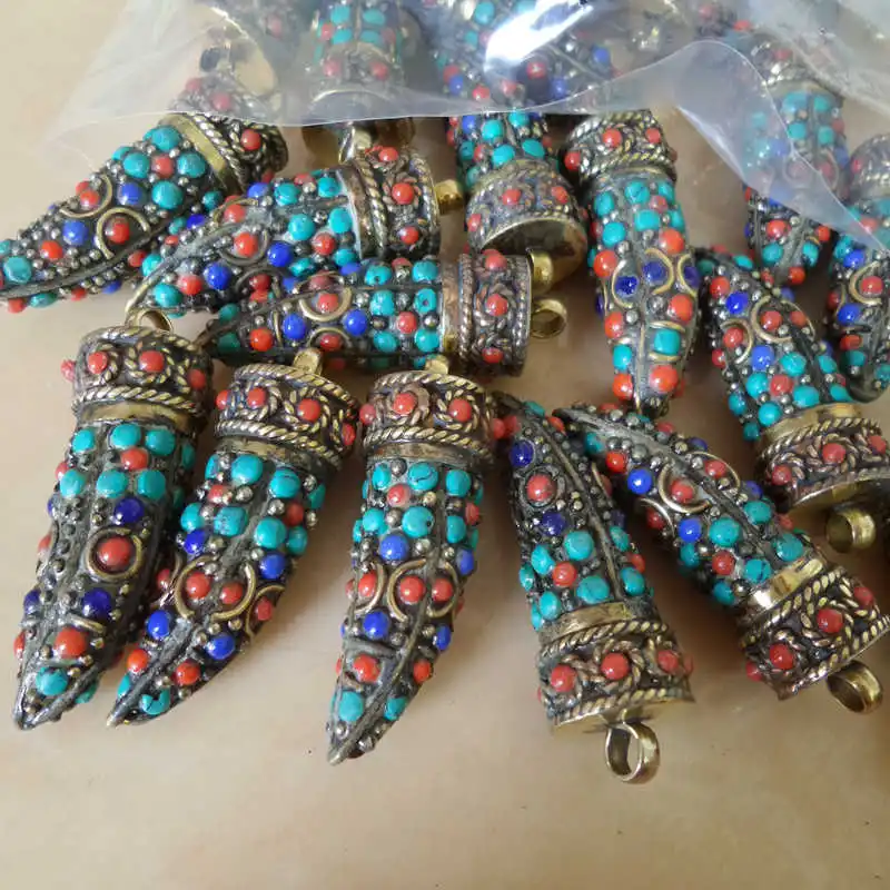 TBP692 Fang Amulet Pendants Tibetan Ethnic Jewelry Copper Inlay Colorful Beads