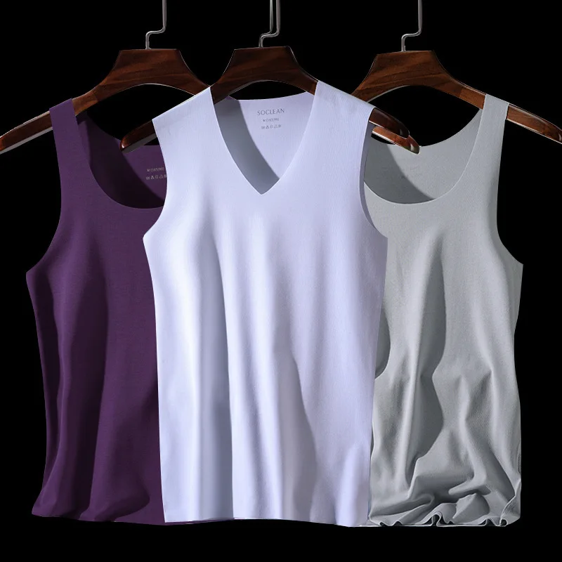 Summer Pure Color Men Ice Silk Seamless Vest Skin-friendly High Elasticity Breathable Round Collar Sports Tank Tops