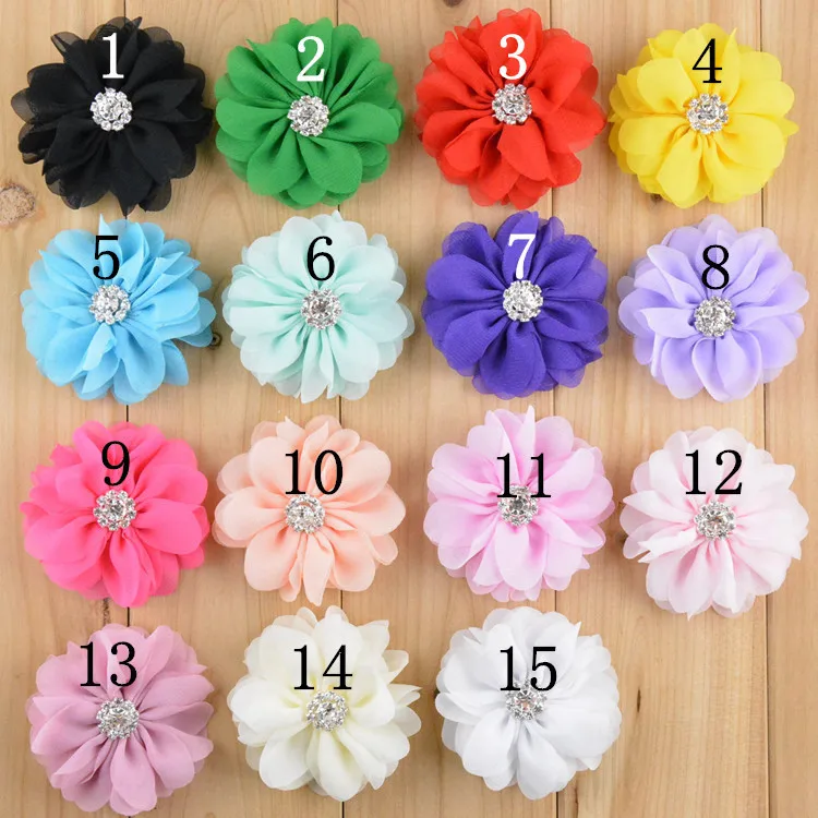 30 pcs/lot, 2.75 inch Chiffon flowers with Rhinestone 15 colors