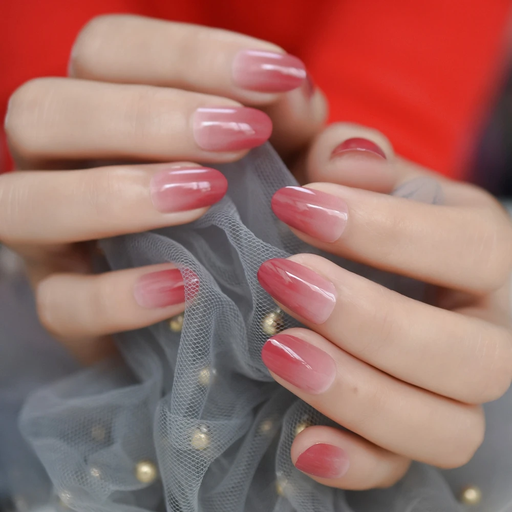 Uñas postizas rusas degradadas, uñas postizas francesas, Rojas, rosas, ovaladas, redondas, prensan sobre UV, puntas de Uñas postizas, uso diario de oficina con pegatina de pegamento, 1 ud.