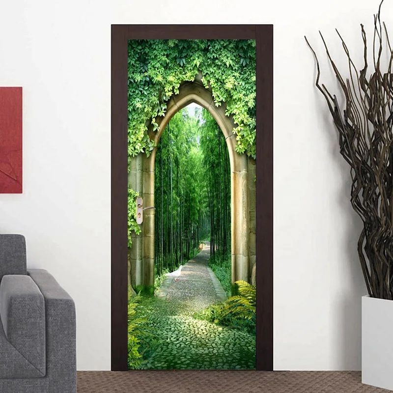 3D Extended Space Bamboo Forest Small Road Scenery Poster Door Sticker PVC Creative DIY Self-adhesive Wall Mural Papel De Parede