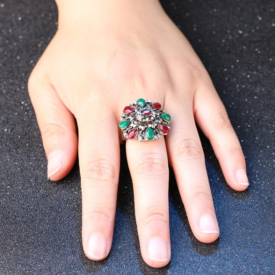 Ethnic Turkish Jewelry Bohemian Rings For Women Antique Gold Mosaic Colorful Resin Crystal Ring Vintage Accessories