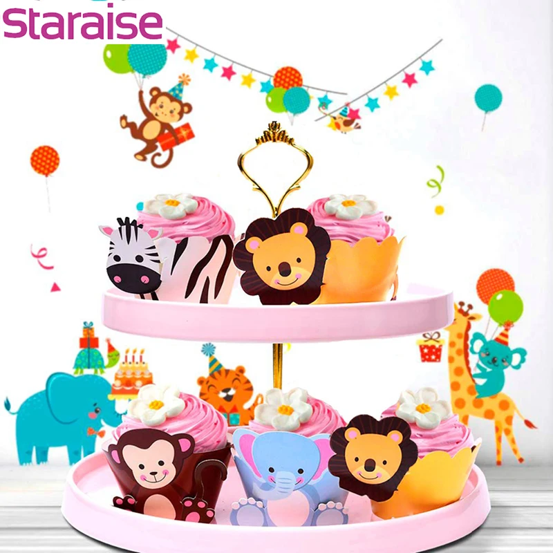 Staraise 12pcs Cartoon Animal Cupcake Wrappers Jungle Party Decor Cake Accessory Dinosaur Safari Animal Birthday Party Supplies