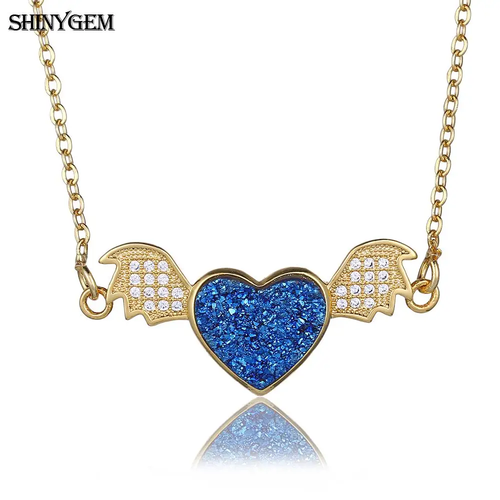 

ShinyGem Cute Angel Heart Pendant Necklace Sparkling Natural Druzy Stone Love CZ Crystal Wing For Women