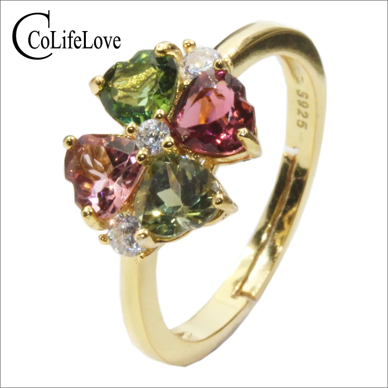 CoLife Jewelry 925 Silver Tourmaline Ring for Party 4pcs Natural Tourmaline Silver Ring Yellow Gold Color Silver Ring