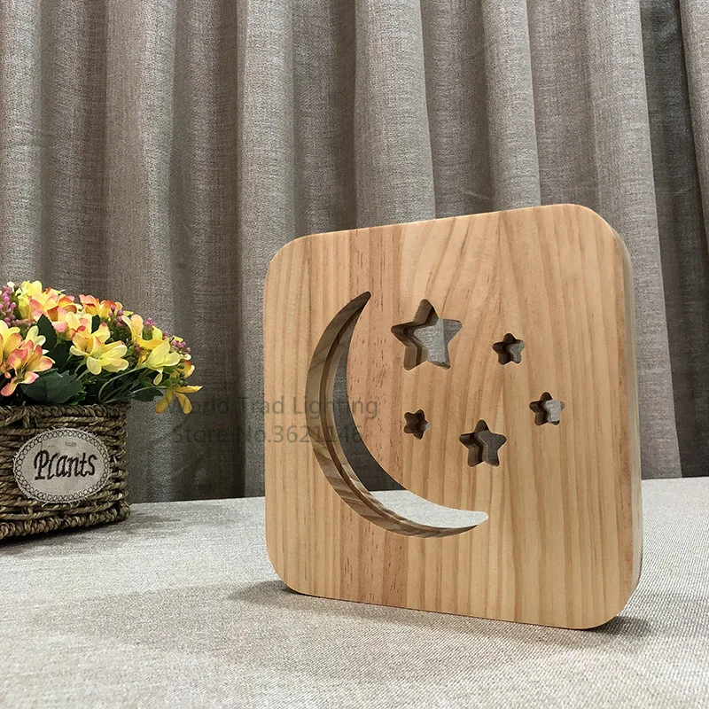 Luz Nocturna LED 3D de madera para Bebé y Niño, lámpara de Luna 3D, Luminaria de estrella, USB, regalos creativos de cumpleaños, decoración, regalos