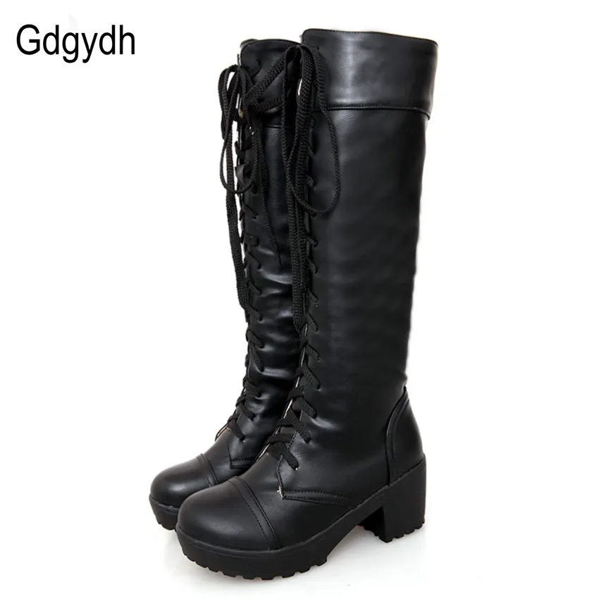 Gdgydh Große Größe 43, Schnürung, kniehohe Stiefel für Damen, Herbst, weiches Leder, modisch, weißer quadratischer Absatz, Damenschuhe, Winter, heißer Verkauf