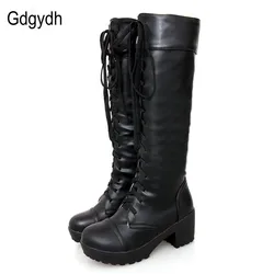 Gdgydh büyük boy 43 Lace Up diz yüksek çizmeler kadın sonbahar yumuşak deri moda beyaz kare topuk kadın ayakkabı kış sıcak satış