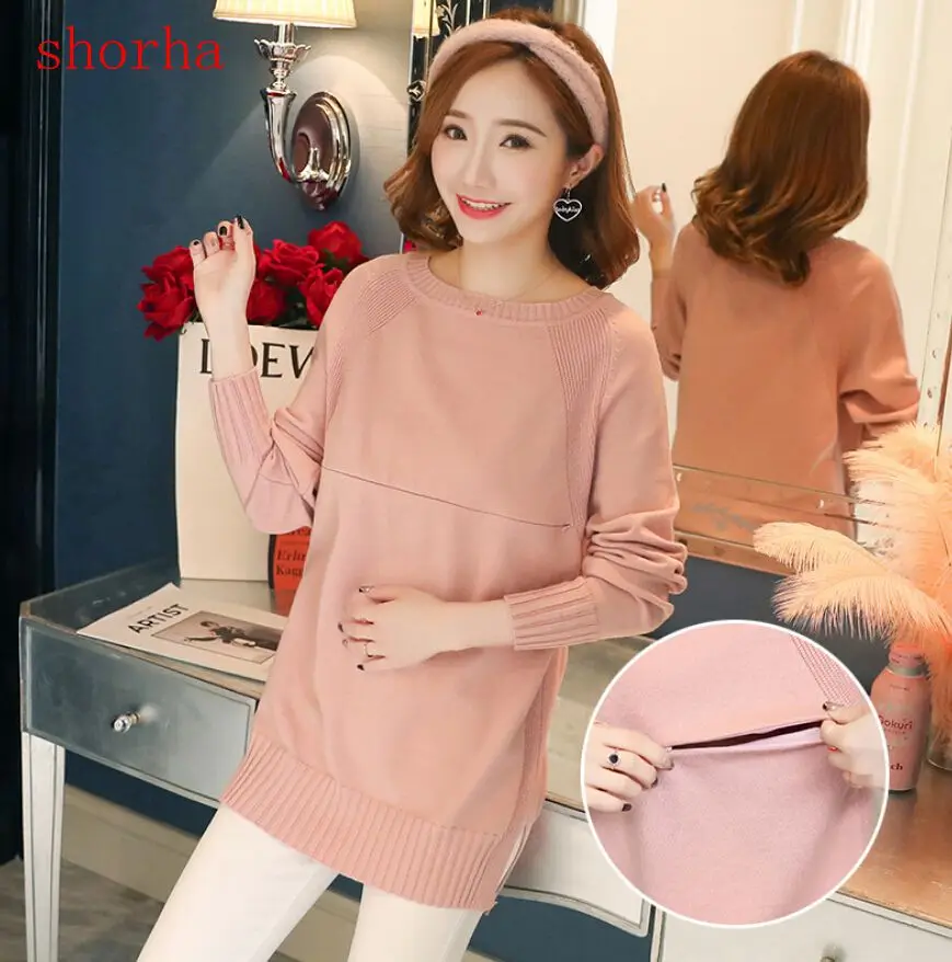 

shorha 2018 autumn maternity breastfeeding clothing postpartum women round collar knitting lactation sweater nursing pullover