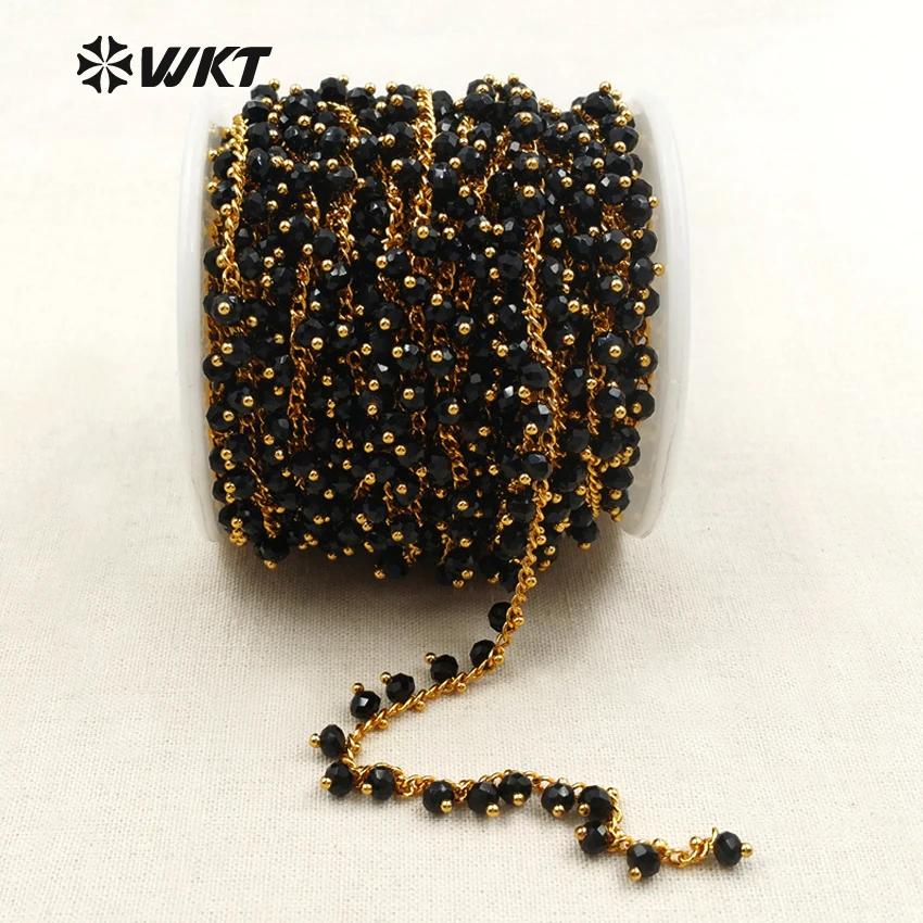 

WT-RBC035 Wholesale Special Custom High quality gold electroplated handmake stone rosary chain black quartz wire wrapped chain