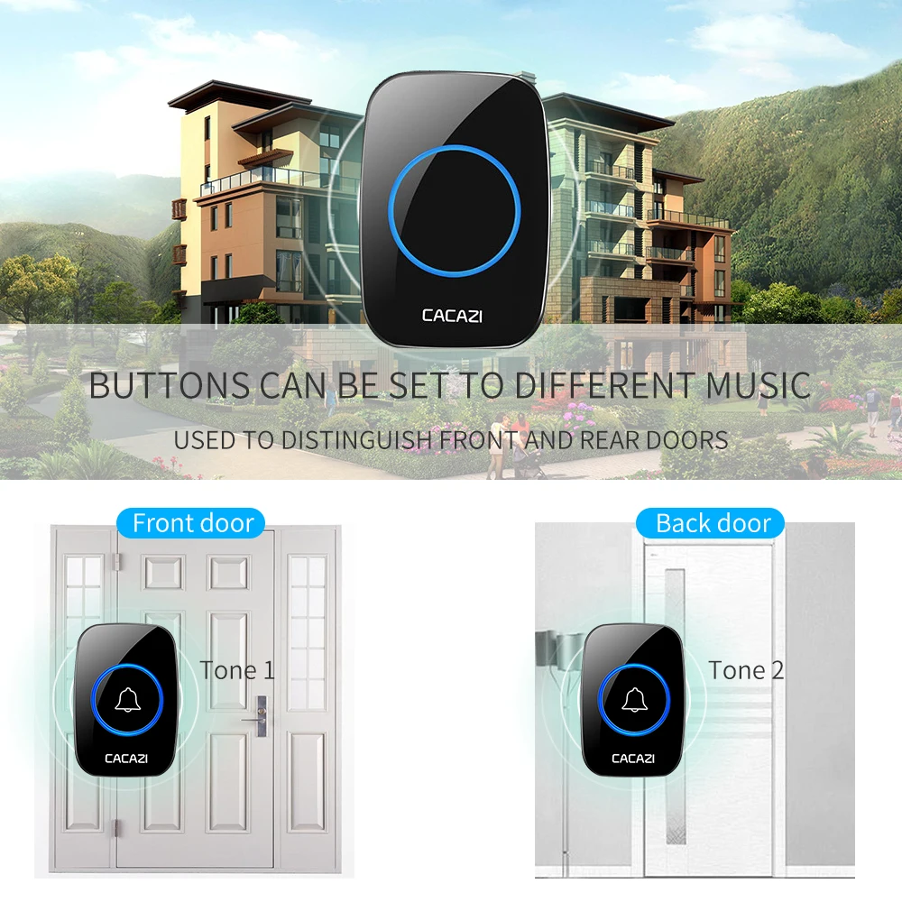 CACAZI Wireless Doorbell Waterproof 3 Battery Transmitter 1 Receiver US EU UK AU Plug Home Wireless Calling door bell 60 chimes