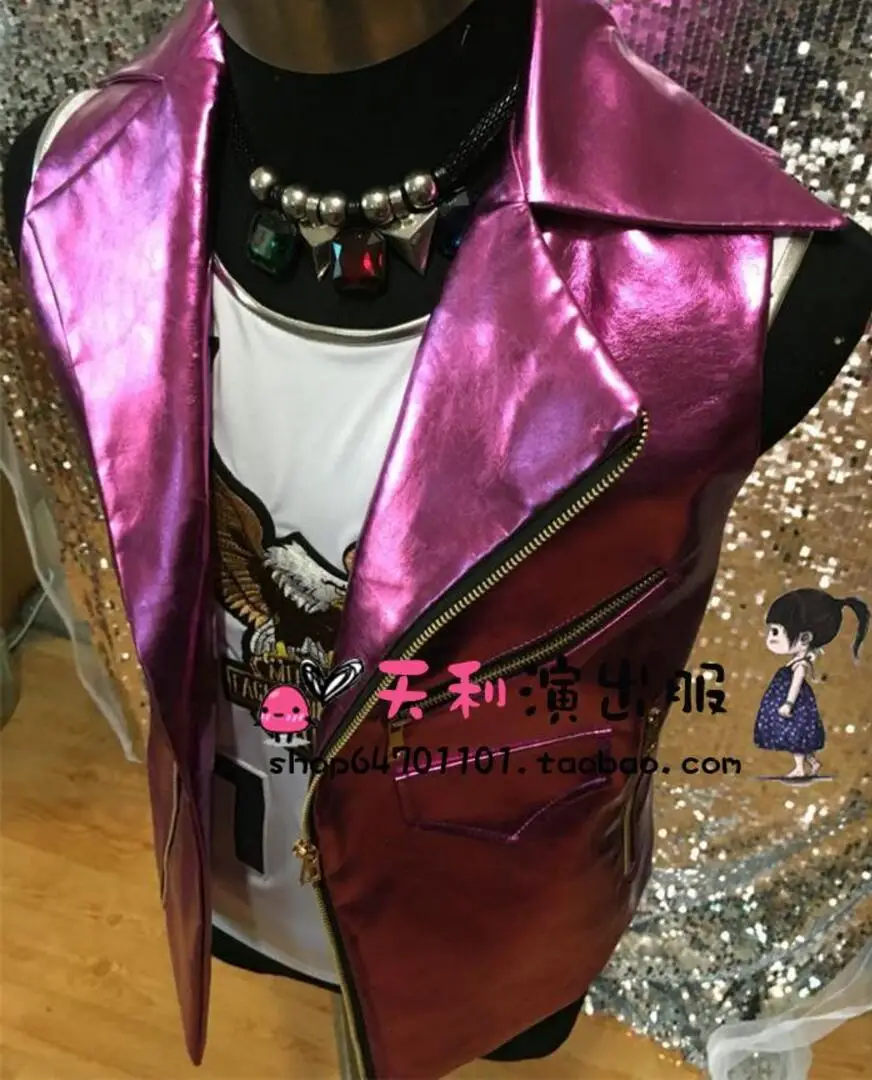 S-5xl ! 2021 Dj Men's Fashion New Male Singer Costumes Ds Purple Leather Vest Plus Size Costumes Clothing