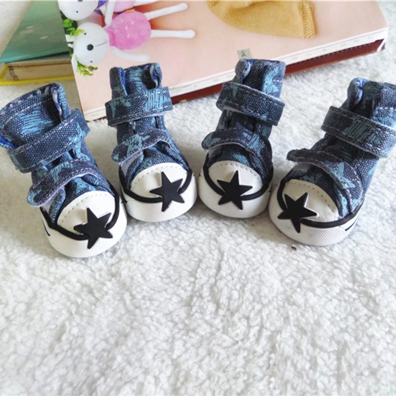 4 pcs/set Outdoor Denim Blue Pet Shoes Anti-slip Dog canvas shoes small dog puppy Boots Casual Dogs Sport Sneaker