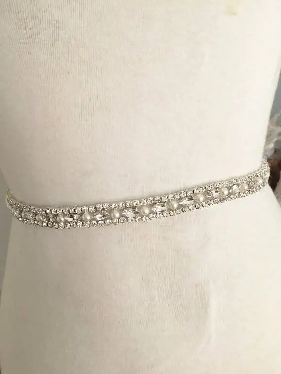 1 yard /lot rose gold / silver Slim rhinestone crystal beaded trim , iron on beaded applique for wedding belt sash bridal