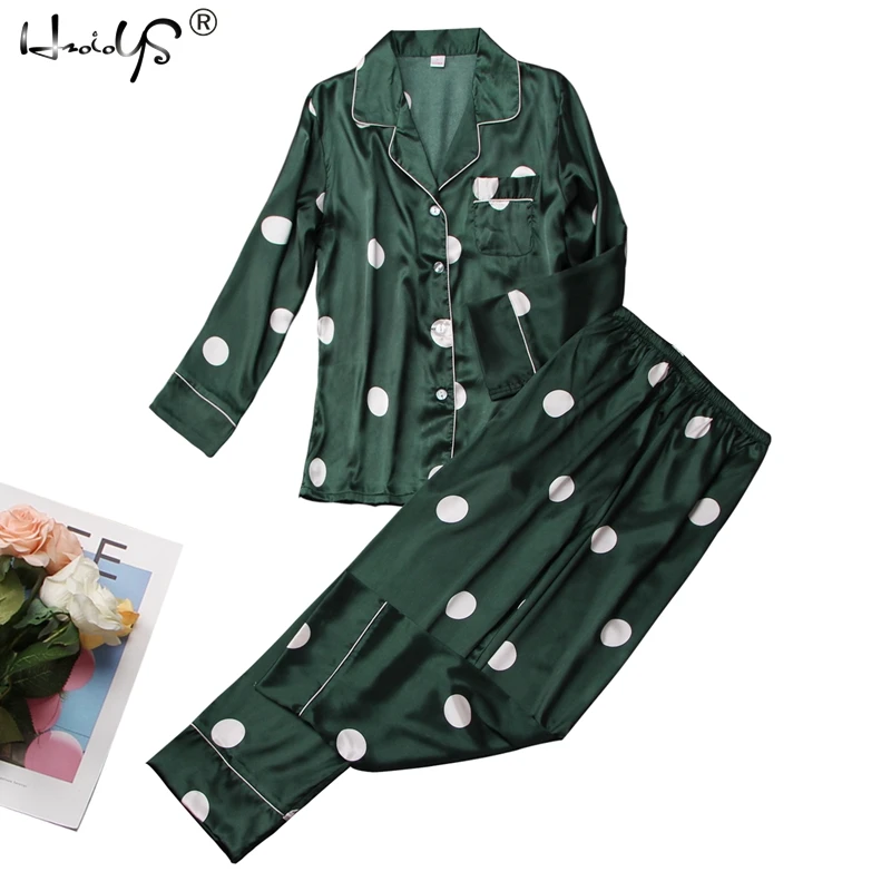 

Polka Dot Print Pyjamas Set Spring Pijama Silk Long Sleeve Pajamas Sets With Pants for Women Satin Print Home Wear Feminino