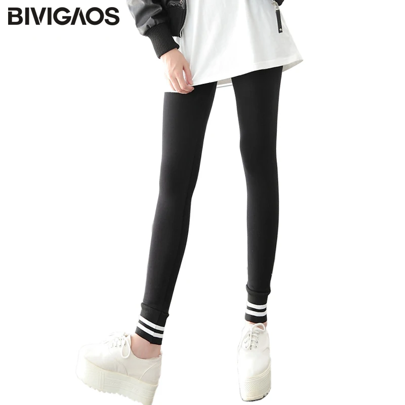 

BIVIGAOS Spring Ankle Stitching White Stripe Women Leggings Cotton Slim Black Workout Leggings Gothic Legging Pants Women Gotico