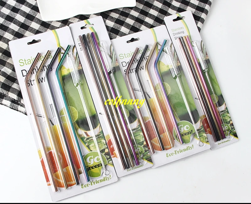 

50sets 6*215mm Colorful 304 Stainless Steel Straws Bent & straight Drinking Straw with Cleaner Brush & retail package