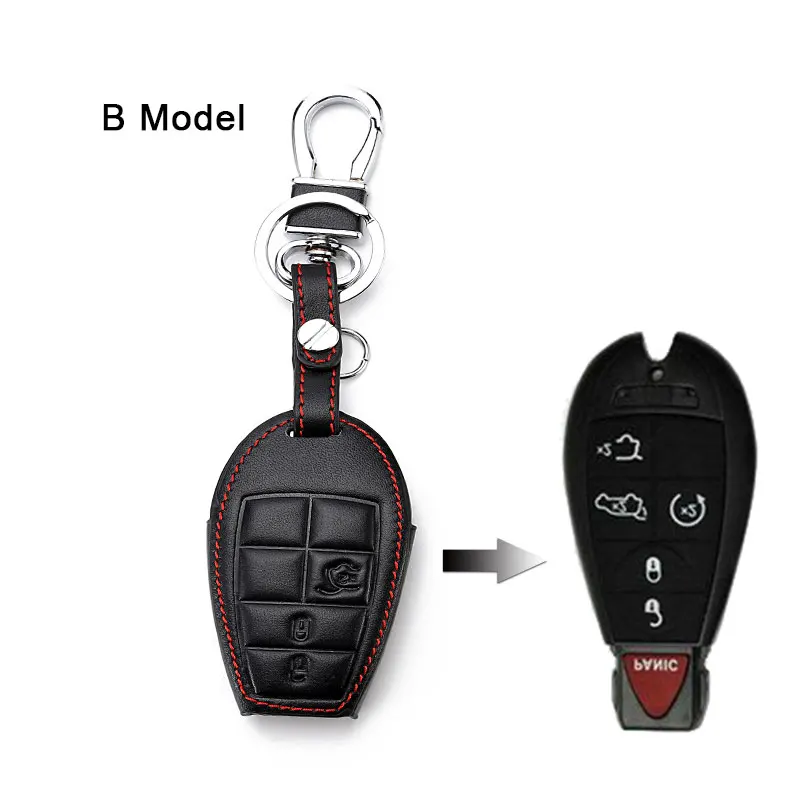 Leather Car Key Cover For Dodge Challenger Charger Magnum Journey Ram Jeep Commander Grand Cherokee Chrysler 300 Remote Fob Case