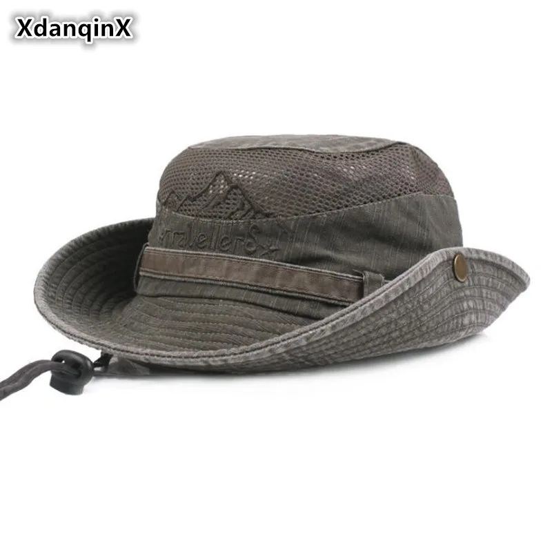 XdanqinX New Summer Men\'s Cap Retro 100% Cotton Breathable Bucket Hats Wind Rope Fixed Dad\'s Panama Hat Fishing Caps For Men