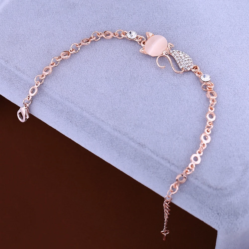 Bluelans Lovely Cat Pendant Women Ladies Opal Rhinestone Bangle Bracelet Chain Jewelry