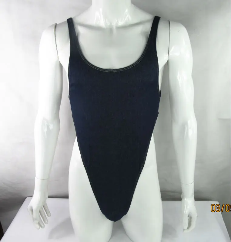 Mens Thong Bodysuit Stretch High Cut Racer Back Denim Knit Spandex G428D