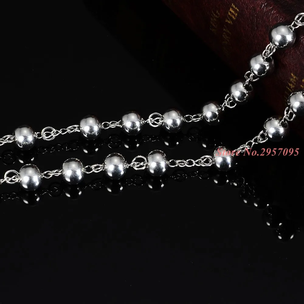 4/6/8/10MM Classic Womens Mens Necklace Stainless Steel Silver Color Bead Rosary Chain Jesus Christ Cross Pendant Free Shipping