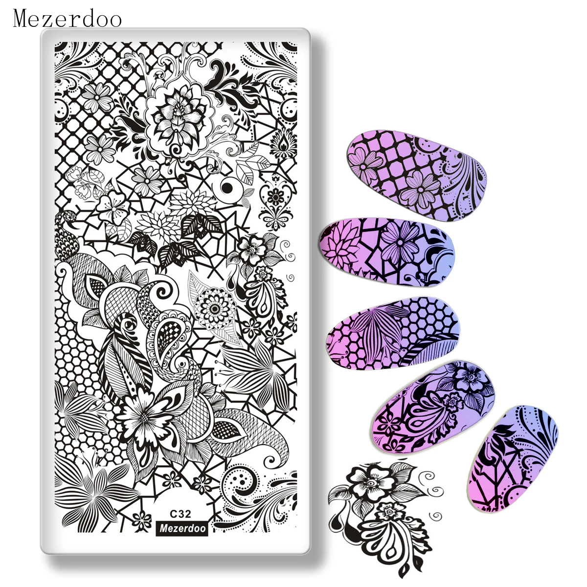 Beauty Lace Flowers Image Print Stencil Stamp Nail Plates Nail Art Template Styling DIY Decoration Tool for Staming Polish C32