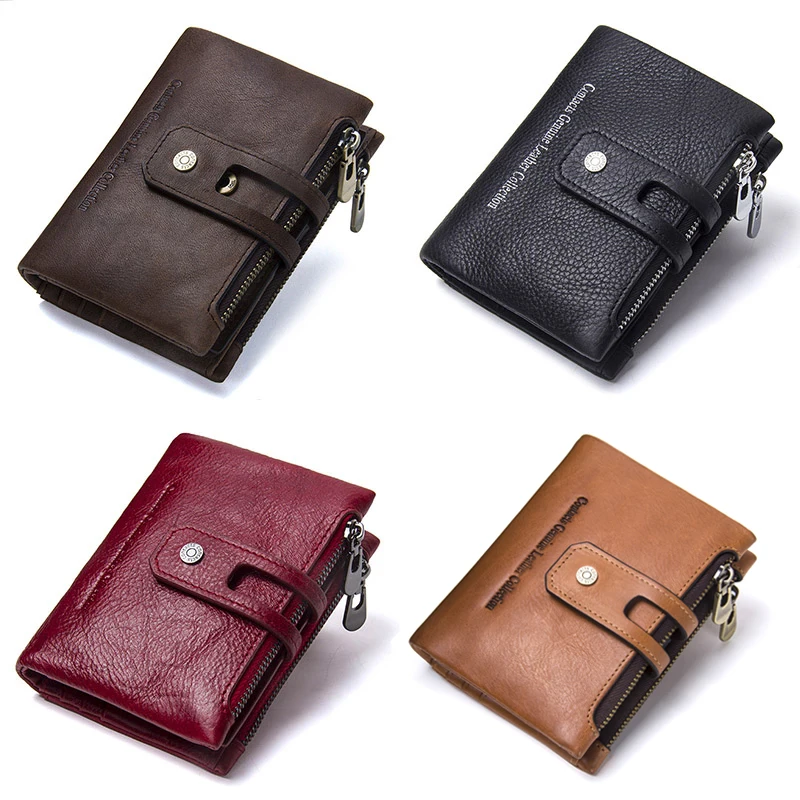 Contact\'S Genuine Leather Fashion Short Wallet Women Zipper Mini RFID Blocking Coin Purse Card Holder Wallets for Women