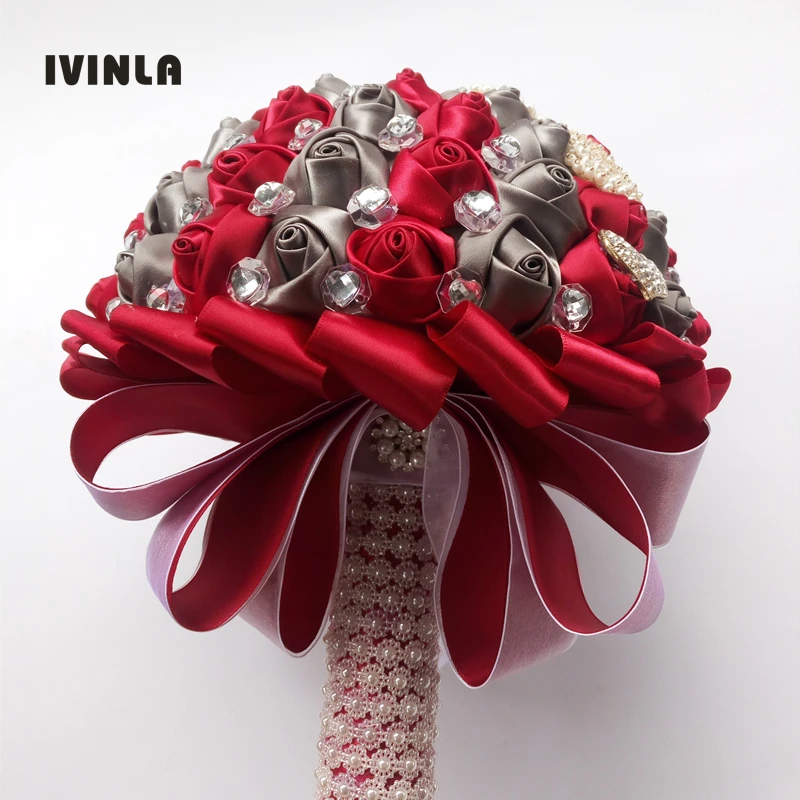 New Arrived Grey and Red artificial wedding bridesmaid bouquet with Rhinestone for wedding decoration