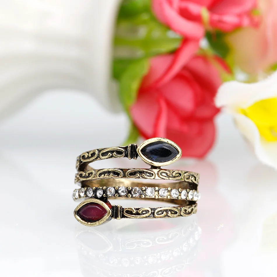 Sunspicems Retro Vintage Bohemia Ring For Women Antique Gold Color Resin Hollow Carve Snake Ring Indian Turkish Banquet Jewelry