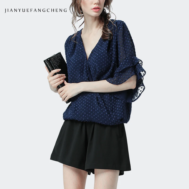 Fashion Women Polka Dots Chiffon Blouse Short Sleeve V-neck Summer Tops Loose Plus Size Casual Blue Butterfly Sleeves Shirt