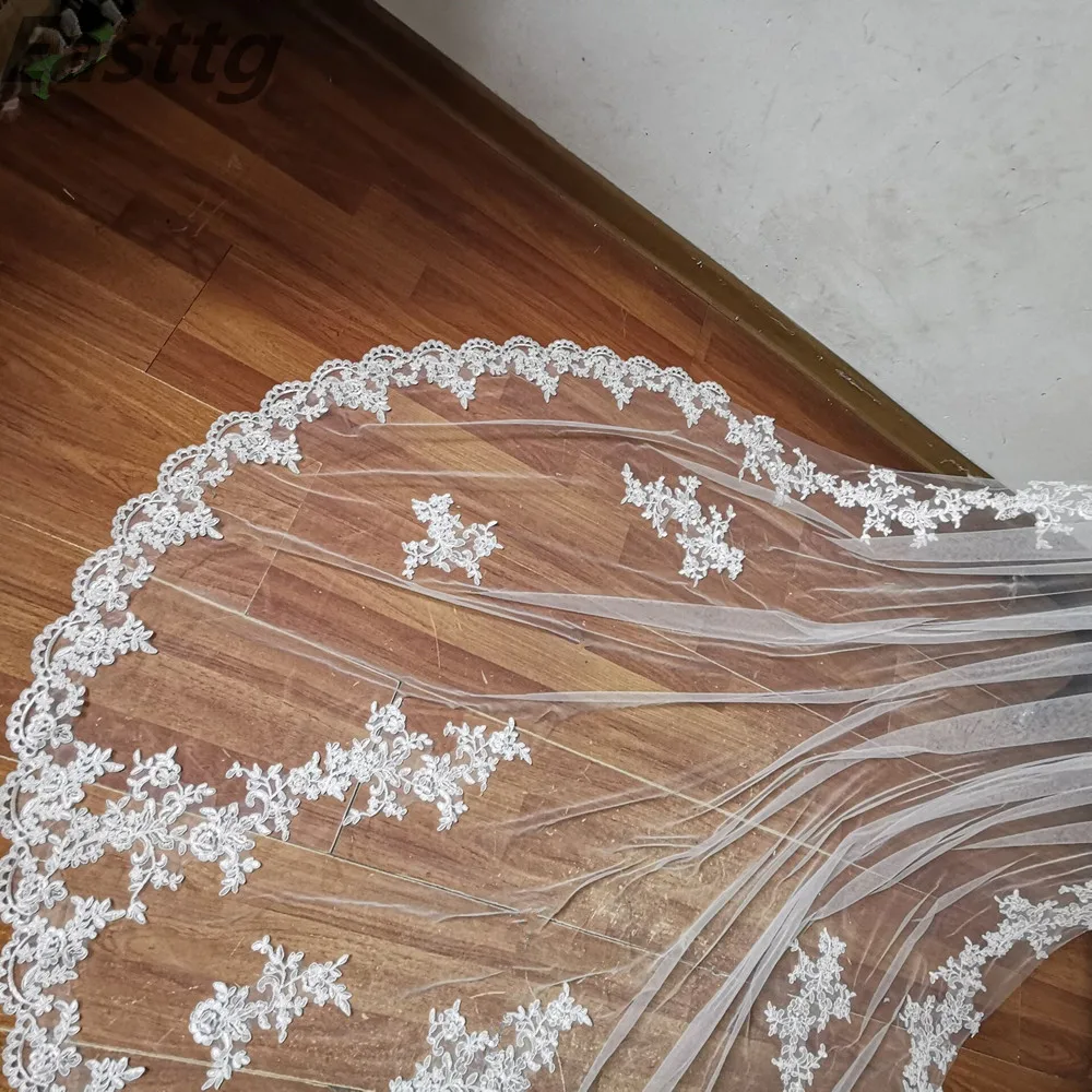 Yeni gerçek fotoğraflar beyaz/fildişi gelin peçe aplike Mantilla velos de novia düğün duvağı uzun tarak düğün aksesuarları